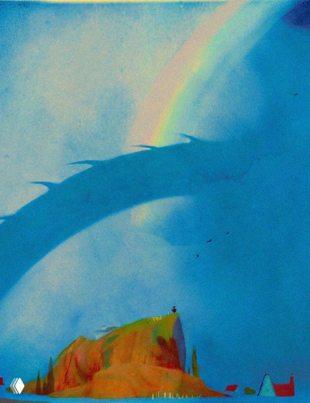 Иллюстрация Эрин Уэст: яркий лазурный фон и радужная дуга над скалистым утёсом, минималистичный силуэт человека на краю — сказочная сцена.
