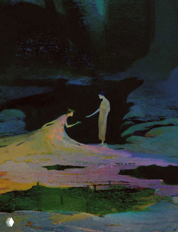 Ночное или сумеречное полотно Эрин Уэст: две фигуры на фоне тёмного ландшафта, контрастные светлые мазки и мистическая атмосфера в технике автора.