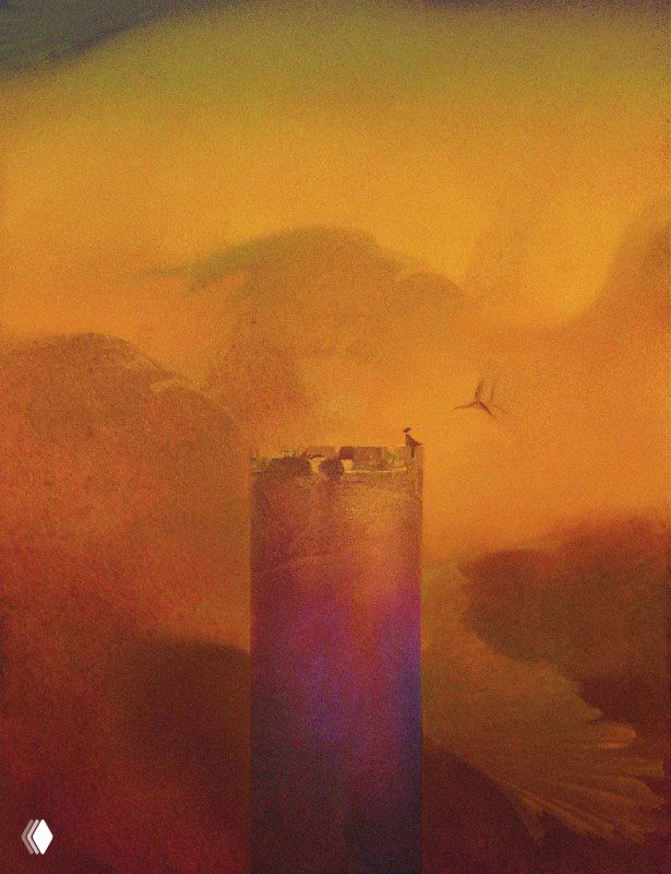 Тёплая композиция Эрин Уэст: высокий башневидный силуэт на закатном фоне, насыщенные оранжевые и пурпурные переливы, мягкая кистевая фактура.