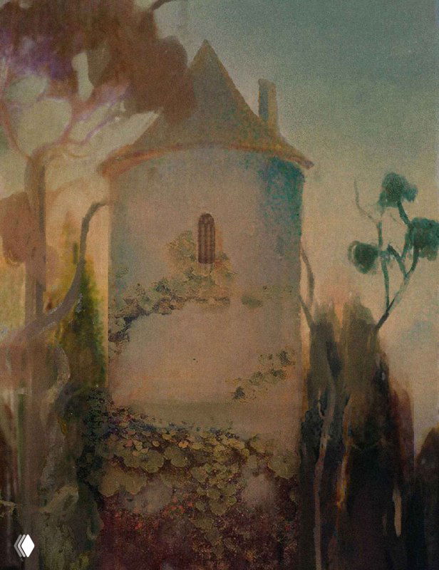 Иллюстрация Эрин Уэст: старинный замковый силуэт среди деревьев, приглушённые зелёные и бежевые тона, романтическая сказочная атмосфера и текстурная обработка.