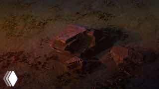 Кадр из короткометражного фильма «Time Tides»: абстрактная текстурная поверхность с тёмно-коричневыми и красными оттенками, виден небольшой логотип внизу слева.