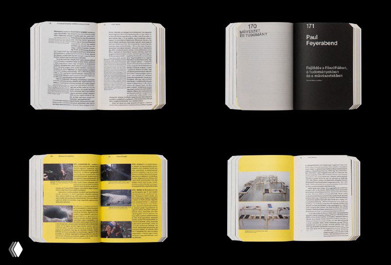 Четыре разворота книги на тёмном фоне: демонстрация верстки с жёлтыми акцентами, текстовые колонки, сноски и обложка в минималистическом стиле