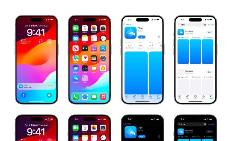 Превью Figma‑шаблона для иконок iOS: несколько макетов экранов iPhone с тестовой иконкой и видом интерфейса iOS 17.