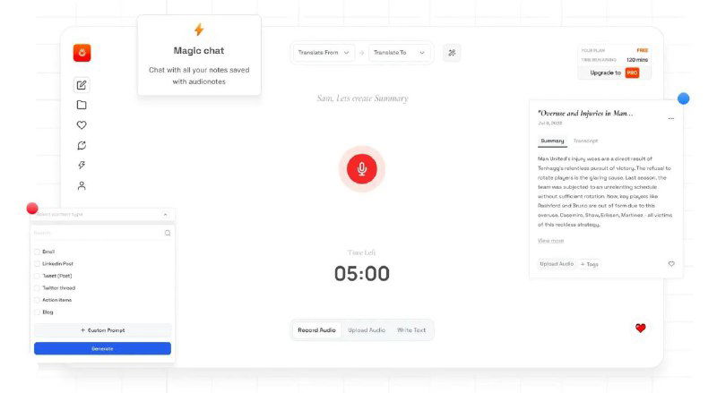 Скриншот интерфейса AudioNotes — минималистичный светлый экран приложения с красной кнопкой записи, видимым таймером и областью транскрипции текста