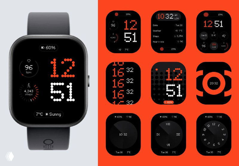 Концепт-изображение циферблатов Nothing CMF Watch Pro: варианты тёмных экранов с крупными красно-белыми цифрами и минималистичной графикой.