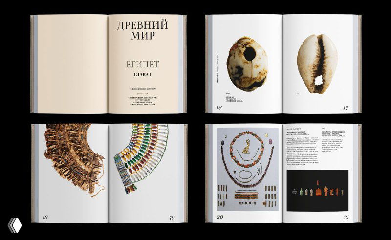 Разворот фотокниги: крупные фото музейных бус, аккуратная вёрстка, белые поля и тёмный фон на отдельных страницах.