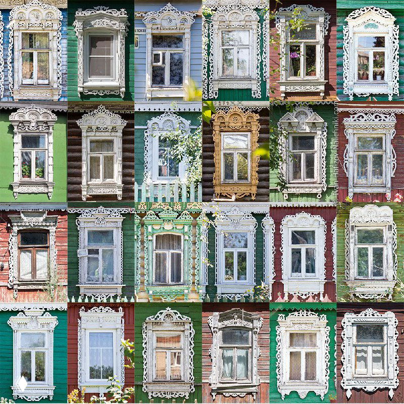 Коллаж из множества фотографий резных деревянных наличников разных стилей и орнаментов, демонстрирующий разнообразие архивной коллекции музея.