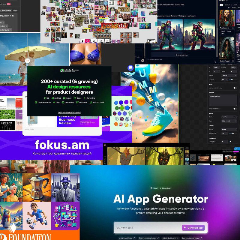 Коллаж из примеров интерфейсов, иллюстраций и генераторов изображений на базе ИИ, демонстрирующий ресурсы и инструменты для дизайнеров и вдохновение