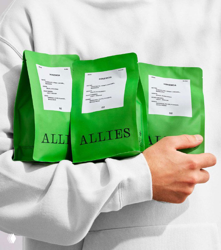 Руки человека держат три зелёных пакета с логотипом ALLIES в повседневной съёмке — презентация ассортимента и масштаба упаковки бренда