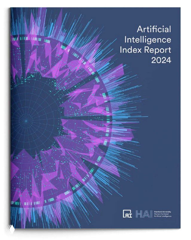 Обложка отчёта AI Index Report 2024 — абстрактный круговой цифровой узор в фиолетово-синих тонах с заголовком отчёта на английском языке