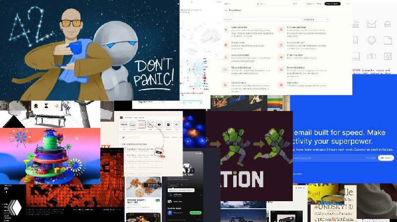 Коллаж-обложка: персонаж с книгой и надписью «Don't Panic», окружённый скриншотами интерфейсов, иллюстрациями и графическими элементами.