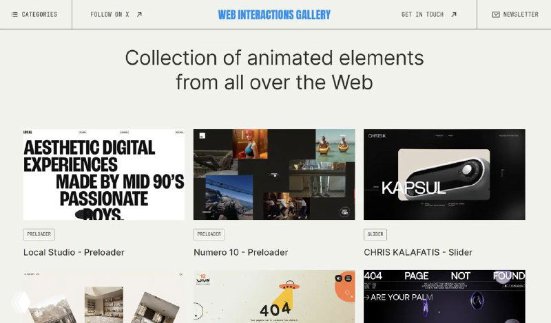 Скриншот Web Interactions Gallery: сетка карточек с примерами анимаций и интерактива, виден заголовок и миниатюры работ на странице галереи