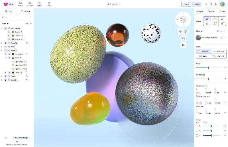 Скриншот интерфейса Womp: окно браузерного 3D‑редактора с плавающими процедурными сферическими ассетами, фоном и панелями настроек справа.