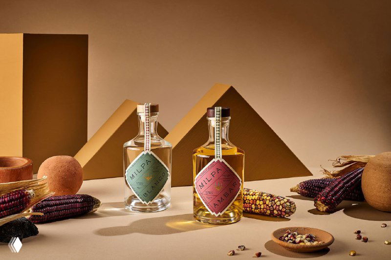 Две бутылки Milpa в студийной инсталляции с геометрическими декорациями и кукурузой; финальный кадр демонстрирует стиль и упаковочную серию бренда.