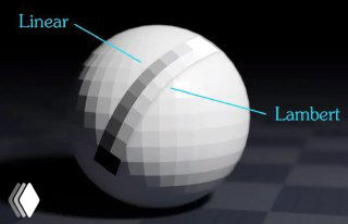 Сфера с градациями тона и подписями «Linear» и «Lambert», демонстрирующая, как угол влияет на распределение освещённости по поверхности.