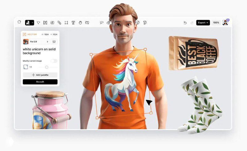 Скриншот интерфейса Recraft Mockup Generator: пример мокапа с мужской моделью в оранжевой футболке с единорогом и объектами вокруг в редакторе.