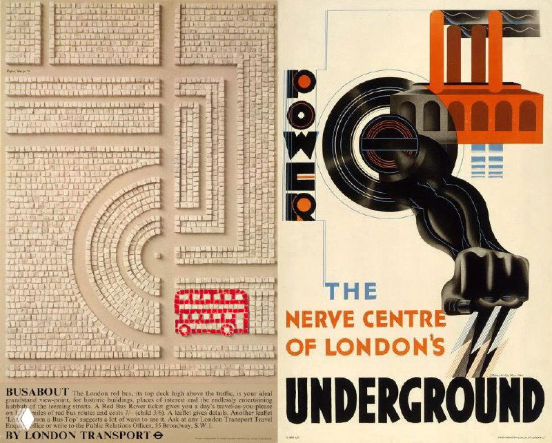 Ретро-плакат из коллекции Лондонского музея транспорта: стилизованный телефон и орнамент, графическое изображение лондонского метро и зданий в стиле 1920–1930-х, яркие контрасты.
