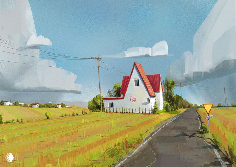 Иллюстрация Мацея Сидоровича: загородный дом у дороги на фоне широкого неба, акцент на свет, тени и атмосферу.