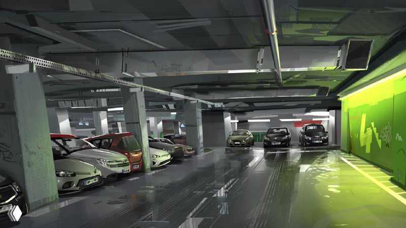 Иллюстрация Мацея Сидоровича: подземная парковка с отражениями на мокром полу, сильный контроль света и контрасты.