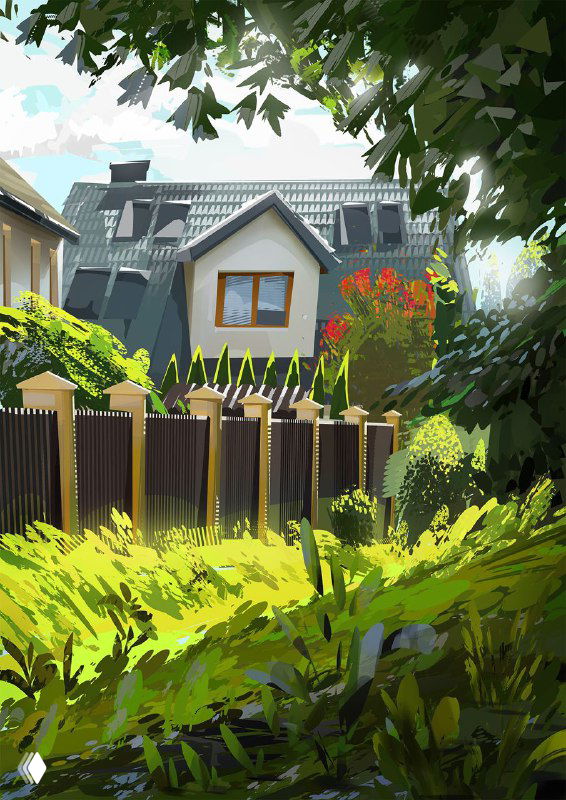 Иллюстрация Мацея Сидоровича: садовый двор с оградой, яркие солнечные пятна между листьями и сложная работа с тенями и текстурами.