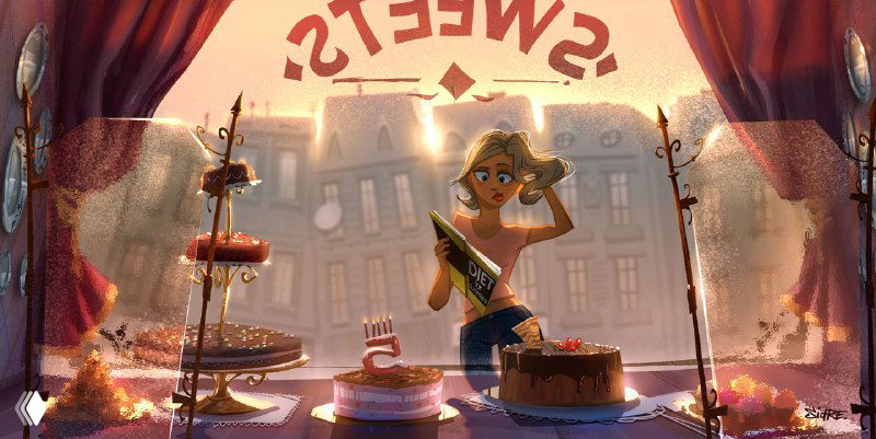 Иллюстрация Мацея Сидоровича: интерьер витрины с тортами, сценическое освещение, теплые рефлексы и театральная композиция.