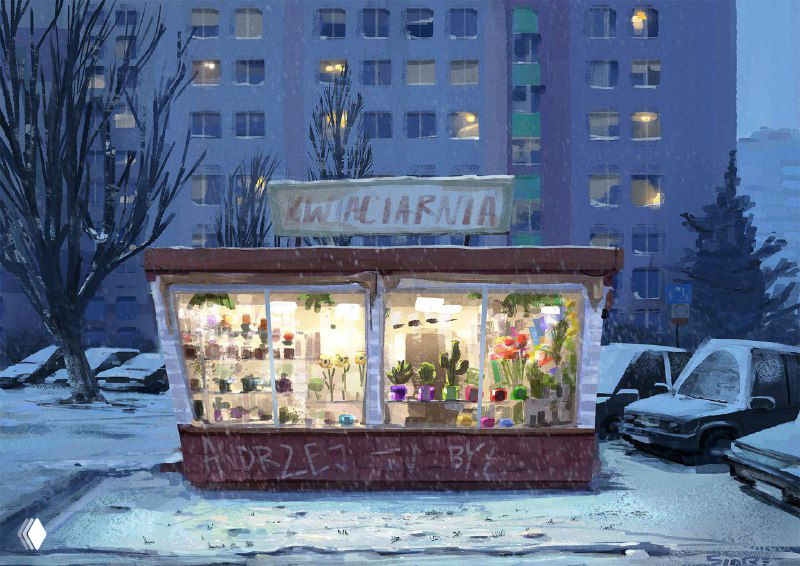 Иллюстрация Мацея Сидоровича: ночной киоск с цветами, мягкое холодное освещение, отражения луж и мелкие атмосферные детали.
