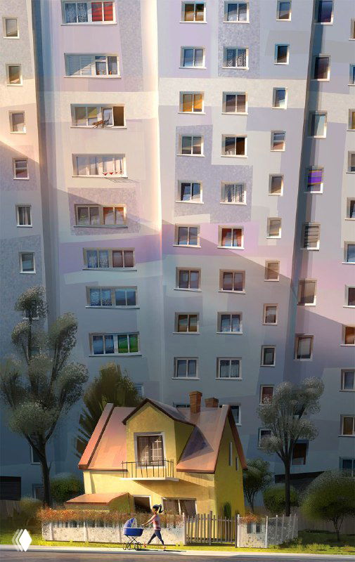 Иллюстрация Мацея Сидоровича: многоэтажный фасад с игрой света и цветных рефлексов на окнах, внимание к мелкому масштабу сцен.