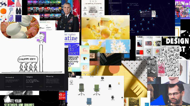 Коллаж из множества мелких изображений: дизайнерские референсы, макеты интерфейсов и портрет в оформлении для анонса выпуска Журналус.