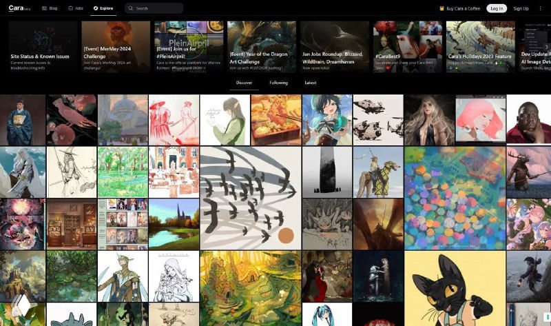 Интерфейс Cara: сетка превью иллюстраций и миниатюр работ на тёмном фоне — пример галереи портфолио для дизайнеров и художников.