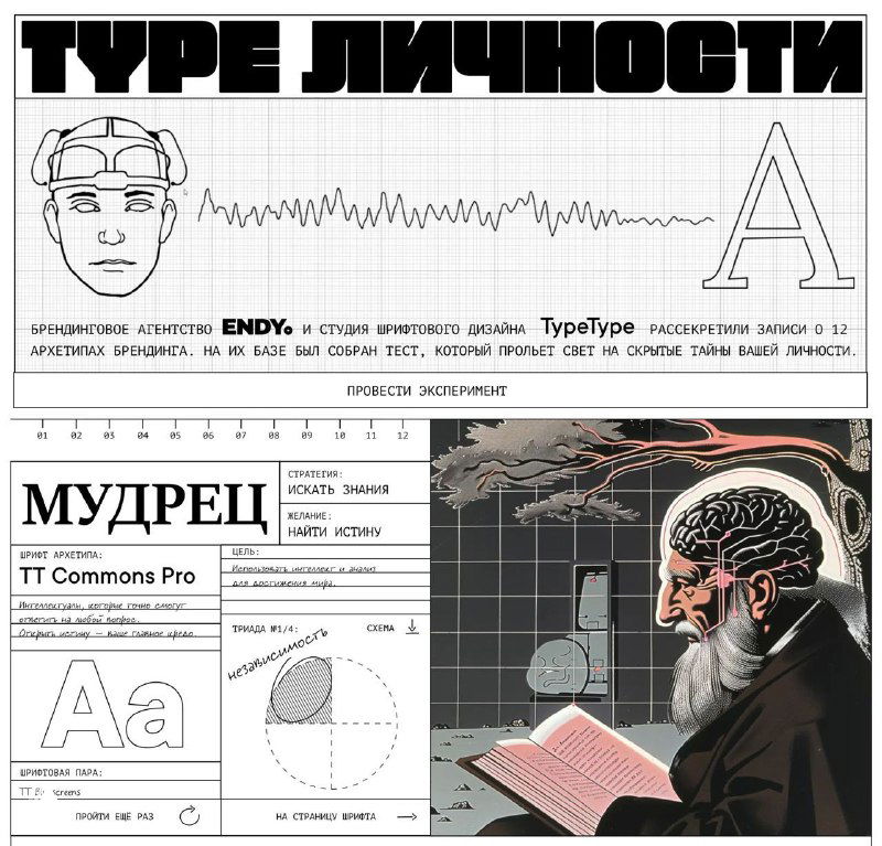 Винтажный макет промосайта «Type личности»: крупный заголовок, карточка архетипа, образцы шрифта, схемы и иллюстрация мудреца в ретро‑оформлении.