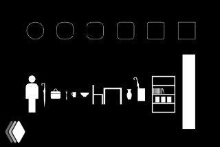 Чёрно‑белая иллюстрация: ряд форм с разной степенью скругления и пиктограммы предметов (человек, стол, шкаф), символизирующие зависимость формы от дистанции.