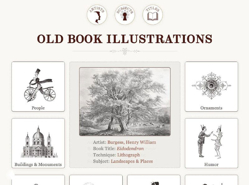 Скриншот главной страницы сайта Old Book Illustrations — сетка миниатюр старинных книжных иллюстраций, рубрики и навигация по категориям.
