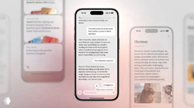 Интерфейс Dot на смартфонах: три экрана с карточками, заметками и мини‑превью, демонстрирующие сортировку, персонализацию и работу с файлами на светлом фоне.