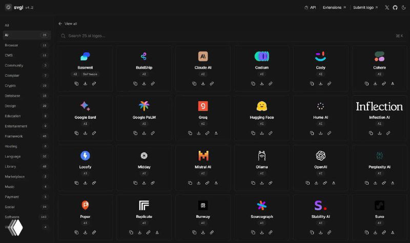 Скриншот тёмного интерфейса каталога логотипов SVGL: сетка миниатюр логотипов цифровых продуктов, стартапов и фреймворков.