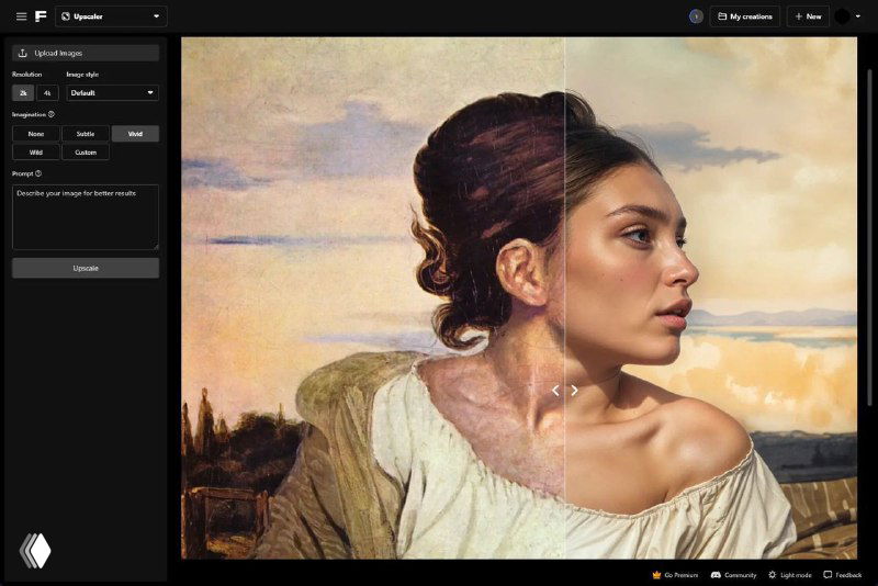 Интерфейс ИИ-фоторедактора Freepik Pikaso: панель инструментов слева и портрет справа, показаны ретушь, смена стиля и расширение кадра.