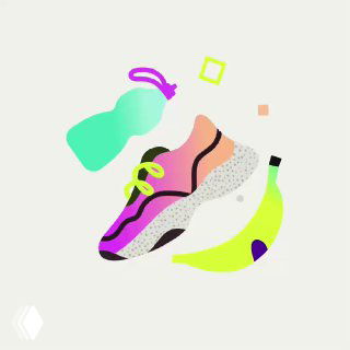 Иллюстрация из айдентики Viva: яркая композиция с кроссовком и бананом, геометрическими элементами и сочной палитрой, современная типографика и стиль.
