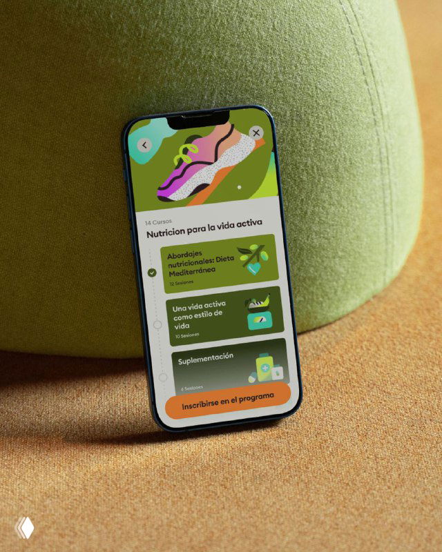 Фотопревью смартфона с экраном Viva: интерфейс для женского здоровья, карточки с планом дня, кнопки и иллюстрации на текстурном зелёном фоне, подача бренда.