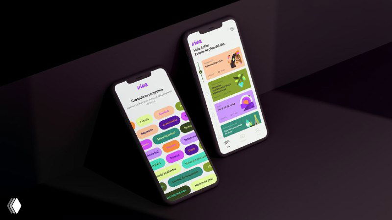 Рендер двух смартфонов с интерфейсом Viva на тёмном фоне: теги, карточки и цветовые акценты, демонстрация визуальной навигации и фирменной палитры приложения.