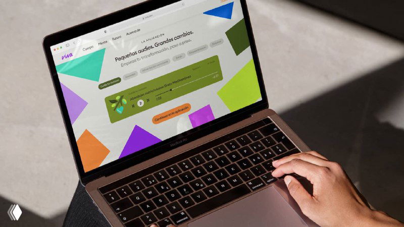 Ещё один кадр ноутбука с интерфейсом Viva: крупный план страницы программы, контрастные элементы, яркая палитра и читаемая типографика, показ брендинга для веба.