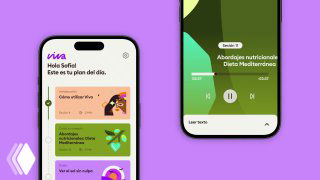 Серия экранов Viva на фиолетовом фоне: музыкальный плеер, карточки с образовательным контентом и визуальные элементы фирменного стиля, демонстрация компонентов UI в комплекте.