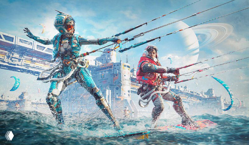 Фотореалистичная киберпанк-сцена: двое персонажей в бронированных костюмах шагают по воде на фоне футуристического города и гигантской планеты.