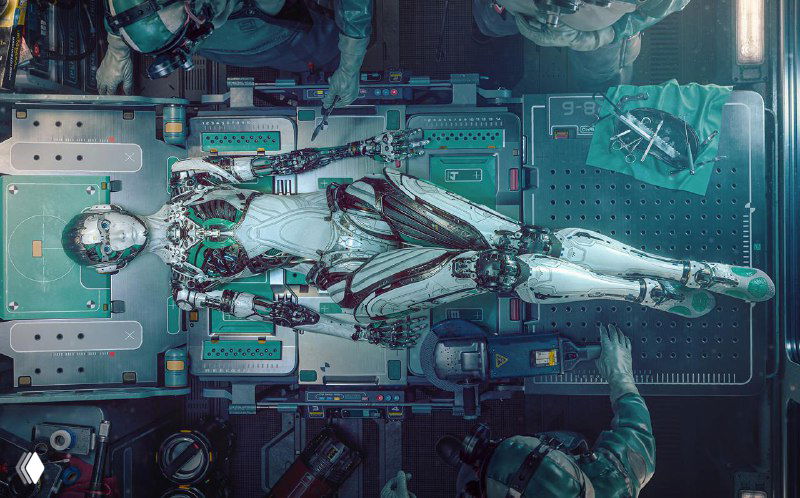Внутри лаборатории киборга: медицинский или инженерный отсек с лежащим на столе андроидом и множеством технических модулей и проводов.