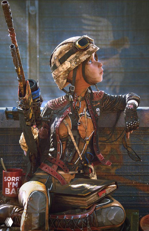 Портрет девушки-авантюристки в стимпанк-экипировке с винтажной ружейной деталью и богатой текстурой одежды на фоне индустриальной среды.