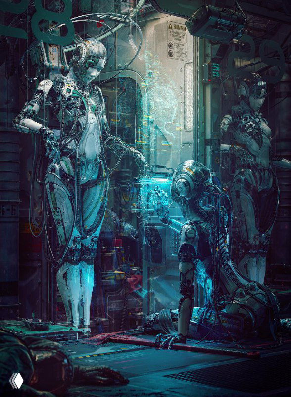 Тёмная технодемонстрация: два андроида или робота в мастерской окружены электронными компонентами и неоновыми панелями, атмосфера лаборатории.