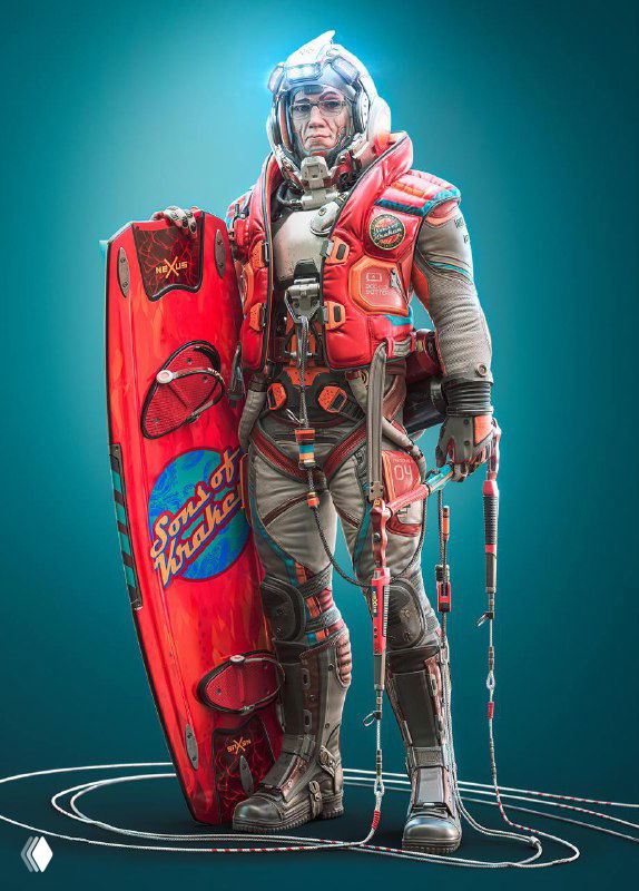 Персонаж в футуристическом костюме с ярким щитом-серфбордом, проработаны материалы брони, освещение и мелкие аксессуары в стиле sci‑fi.