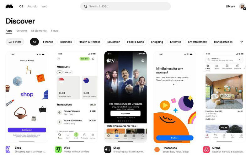 Скриншот Mobbin: сетка миниатюр экранов приложений и сайтов, демонстрация вариантов интерфейсов, палитр и элементов.