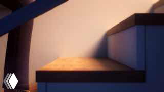 Скриншот из короткометражки: стилизованная 3D-сцена с лестницей, тёплым светом и минималистичной атмосферой, характерной для ролика.