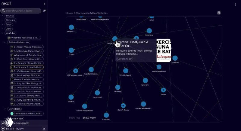 Скриншот тёмного интерфейса ИИ‑гида: интерактивный граф связей с узлами и линиями, всплывающая подсказка и боковая панель ресурсов.