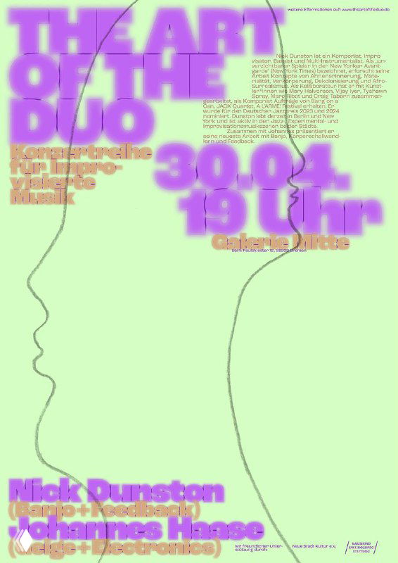 Пастельно-зелёный плакат с размытым пурпурным заголовком и контурными лицами — экспериментальная типографика в плотной компоновке.