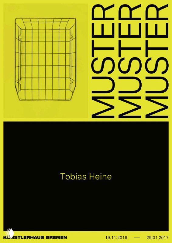 Жёлто-чёрный постер с сетчатым объектом и многократным текстом "MUSTER" — строгая композиция и контрастная типографика у немецких дизайнеров.